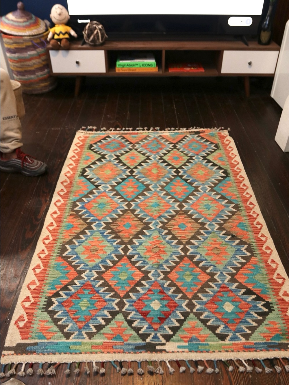 Handwoven Geometric Afghan Kilim Rug in Teal, Coral & Brown - Home Accents
